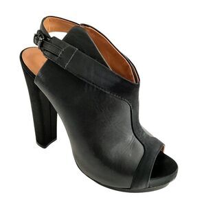 L.A.M.B. Gwen Stefani Soft Leather Platform Satin Trim Peep-toe Bootie Black 8.5